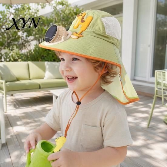 Summer Hat With Built-in Fan Kids Sun Cap with Solar Fan, Wide Brim Protection Cooling Children Neck Cover Hat, Breathable Mesh Fabric Cartoon