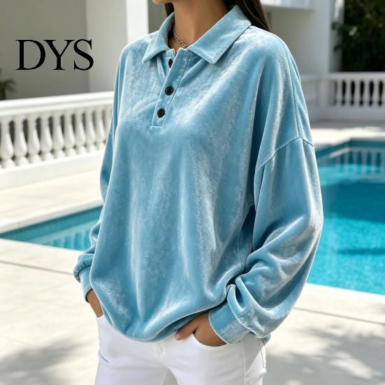 Lady Pullover Shirt Women Velvet Shirt, 3-Button Collared Casual Blouse, Solid Color Loose Long Sleeve Top for Daily Wear Work