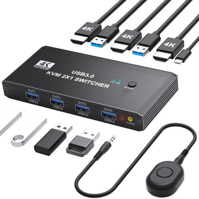 KVM Switch, HDMI 2 Input 1 Output 4K@60Hz, USB 3.0 KVM Switcher for Switching Between 2 PCs and 1 Monitor, 4 USB Ports for Sharing Keyboard, Mouse, Pr