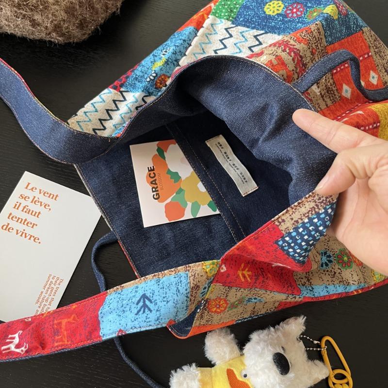 Double-sided bag Bohemian denim canvas bag Versatile commuter tote bag Available on both sides Retro contrasting color oblique