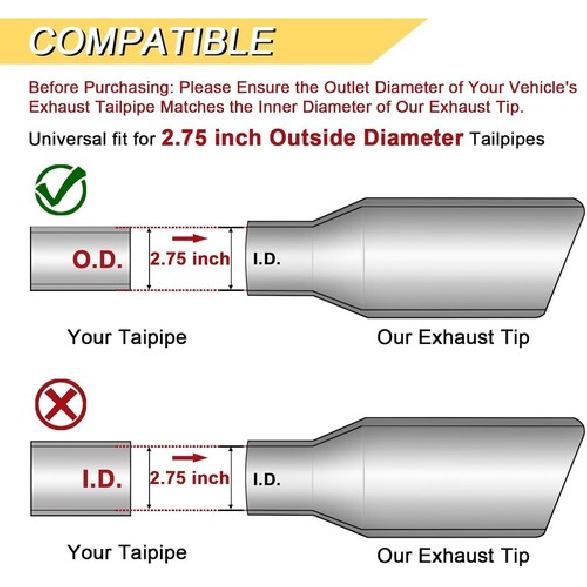 2.75" Inlet - 3.5" Outlet 12" Long Exhaust Tip Black Stainless Steel Angle-Cut