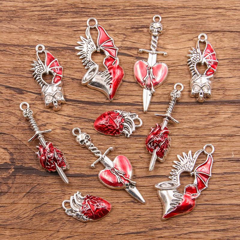 10Pcs Mix Size Alloy Metal Drop Oil Hollow Heart Skull Charm Red Color Pendant For Enamel DIY Bracelet Necklace Jewelry Making