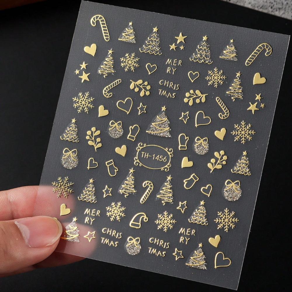 2 Pieces of Christmas and New Year Nail Stickers with Golden Snowflakes, Christmas Tree, Reindeer Heart, DIY Holiday Nail Art