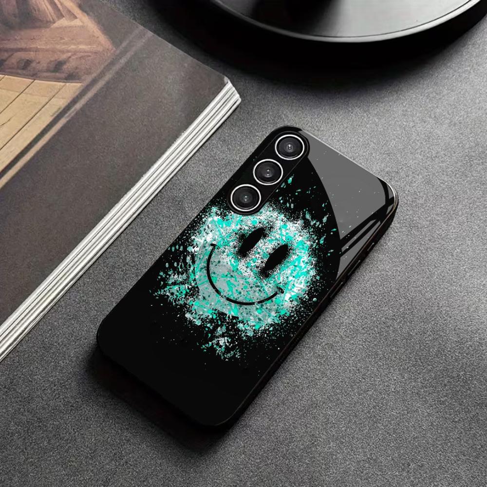 Emoji Light Blue Smile Face PhoneCase Glass PhoneCase for Samsung Galaxy S26 S25 S24 S23 S22 S21 FE Ultra Plus Dropresistant