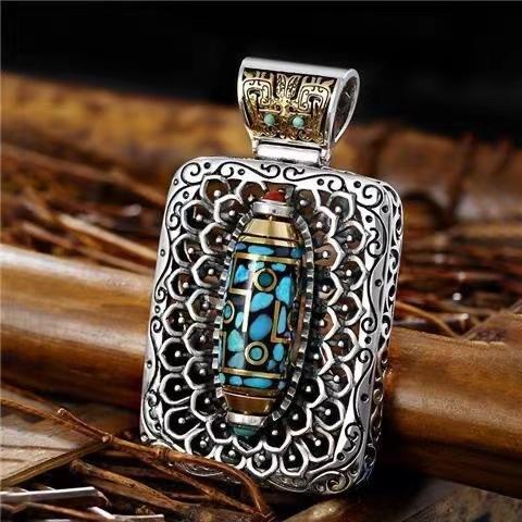 Retro High-End Zehntausend Buddhas Chaozong Türkis Drehbar Dzi-Perlen Anhänger Taotie Nationaler Trend