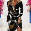 Women Plus Size V Neck Long Sleeve Printed Black Teal Gold A Line Dress