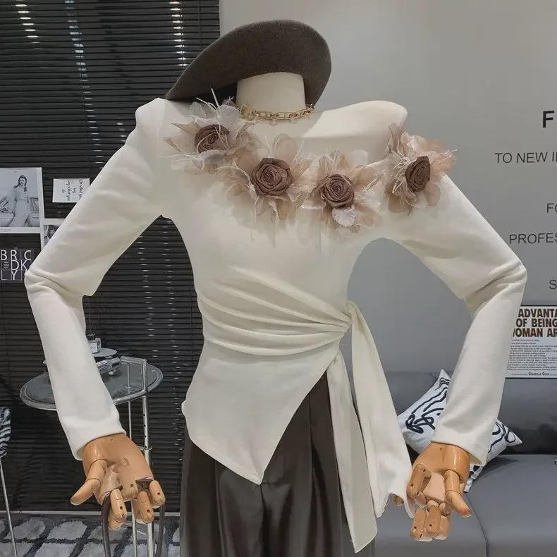 Women's Slim Fit Off-Shoulder Floral Patchwork Long-Sleeve Top