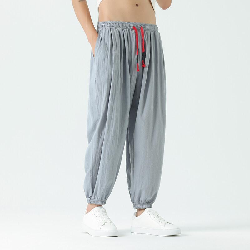 Spring Summer  Men's Cotton and Hemp Pants Loose Drawstring Lantern Pants Haren Pants Japanese Casual Pants