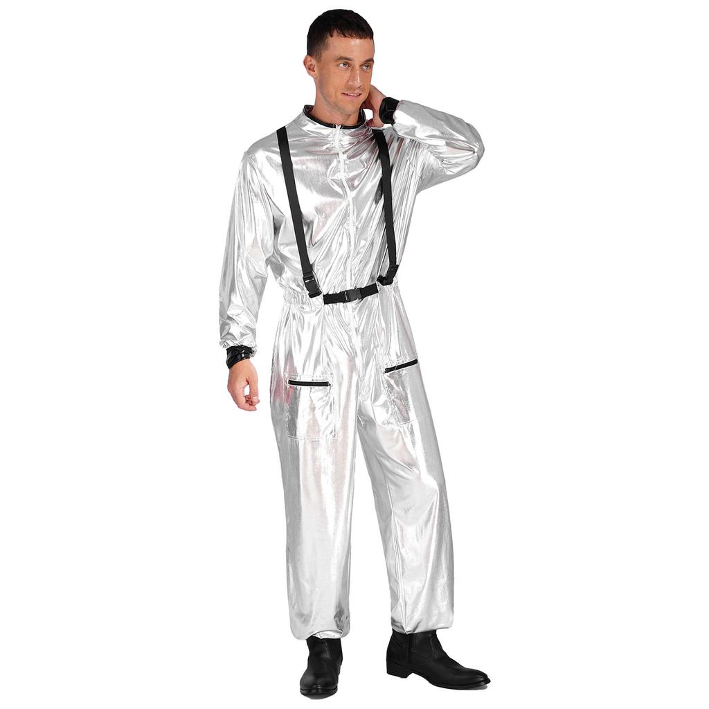 Mens Astronaut Costume Metallic Jumpsuit Zipper Front Halloween Cosplay