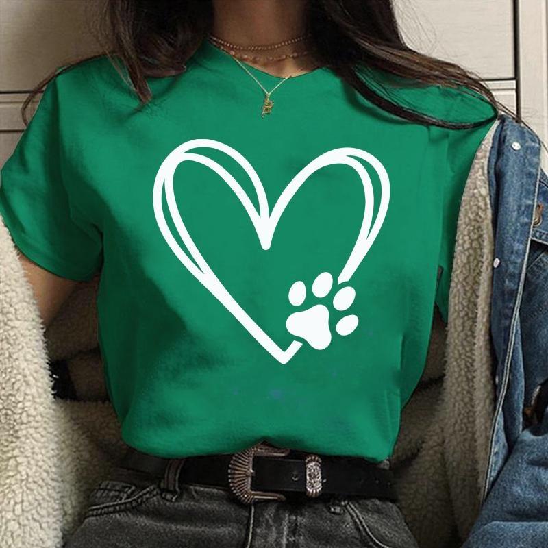 Personalized Creative Heart Dog Paw Print Pattern Printed Tee Women's Funny Casual Shirt Tops Loose Round Neck T-Shirt