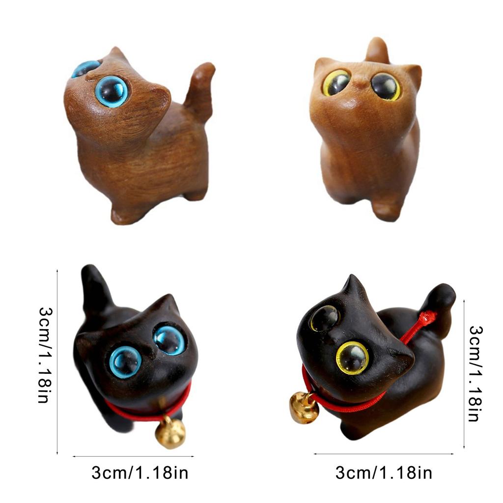 Handcrafts Wooden Cats Figurine with Unique Eyes Carved Kitten Miniature Ornament for Home Decors and Art Collectors