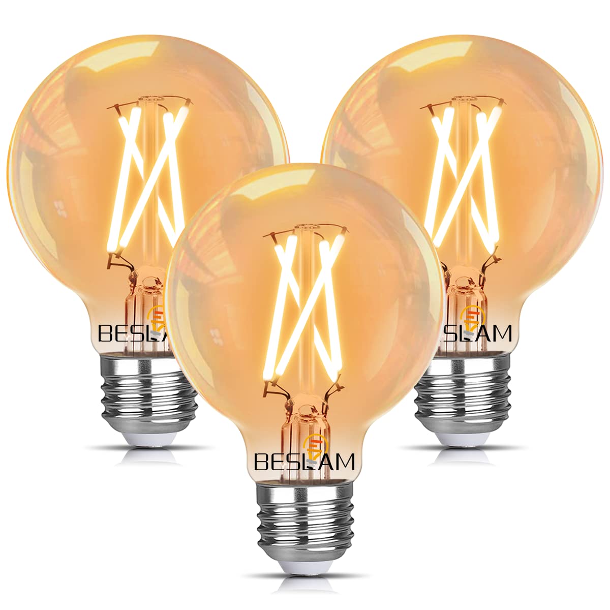

BESLAM G80 (Set of 3) LED Edison Bulbs, Dimmable, E26, 60W Equivalent, Warm White, 2700K, 806lm, Dimmable, Filament Bulb, Edison Lamp, Cross
