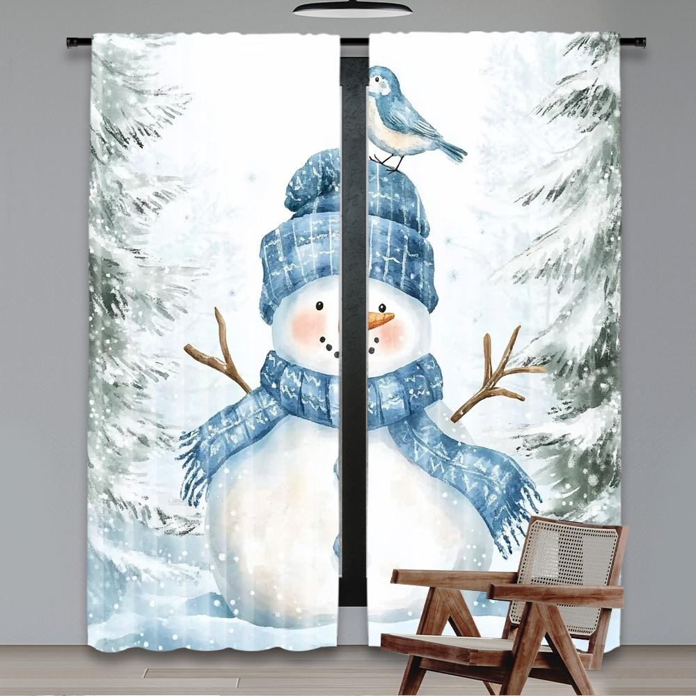 

2pcs 2D flat printing Christmas Party Curtain Blue Snowman and Bird 100% Polyester Fabric Without Electricity Birthday Party for 29x65in(75x166cm)