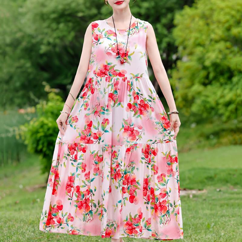 Elegant Sleeveless Dress for Women Plus Size Short Sleeve Vintage Print Long Dress Summer Casual Middle-aged Women's Clothing