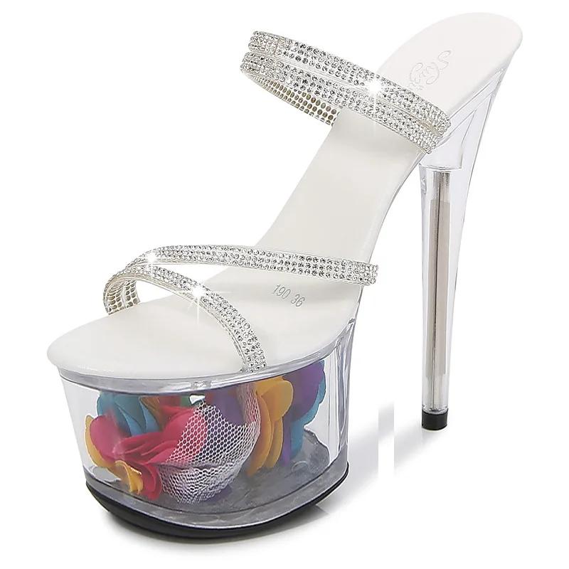 Fashion 34-43 size sexy high heels 13CM15CM thin heel waterproof platform sandals transparent crystal shoes wedding shoes women slippers