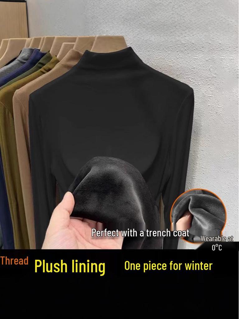 2024 Korean Style Warm Long-Sleeve Turtleneck Plus Velvet Women’s Base Layer Top