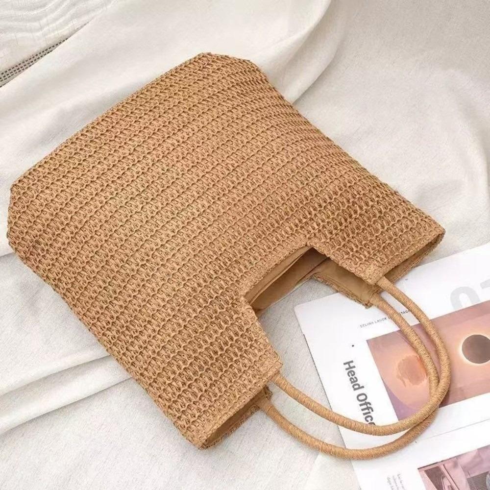Portable Straw Tote Bag Large Capacity Solid Color Women s Handbag Travel Handbag Ladies кофейный