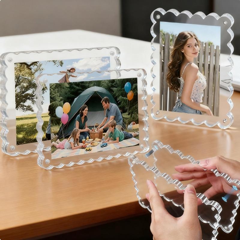 Acrylic Magnetic Photo Frame Empty Frame Transparent Wavy Shape Sturdy Durable for Photo Postcard Display 2x3inches