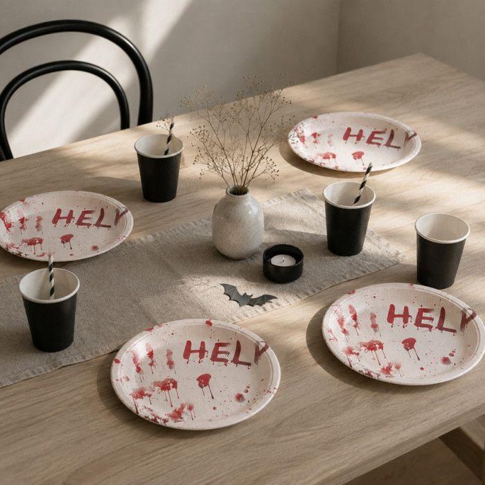 Lot de 30 Assiettes en Carton 22 cm Halloween – Assiettes Rouge et Blanche HELP, Vaisselle Jetable pour Fête, Soirée Halloween
