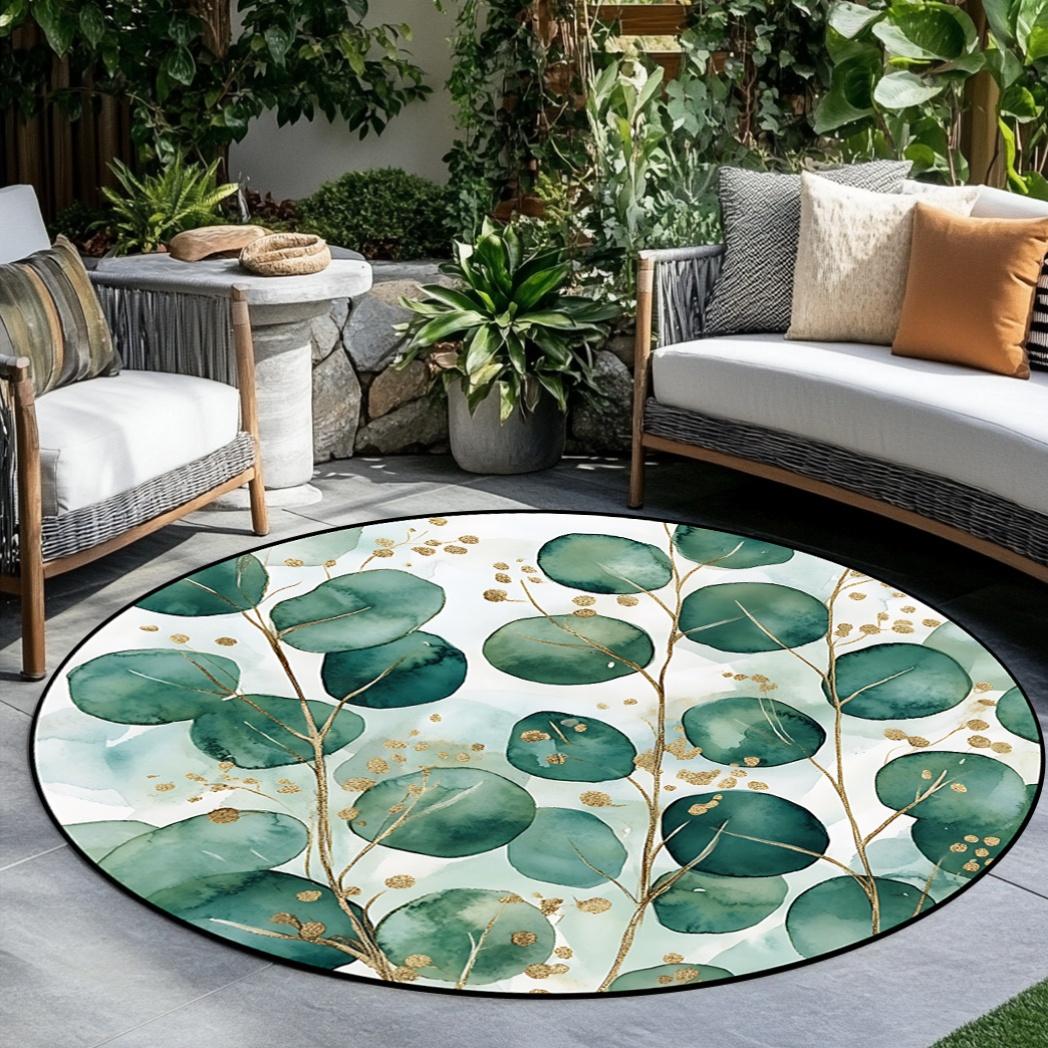 

1pc round rug with green leaf pattern and gold edging, washable polyester, non-slip rug for living room, bedroom 100x100cm