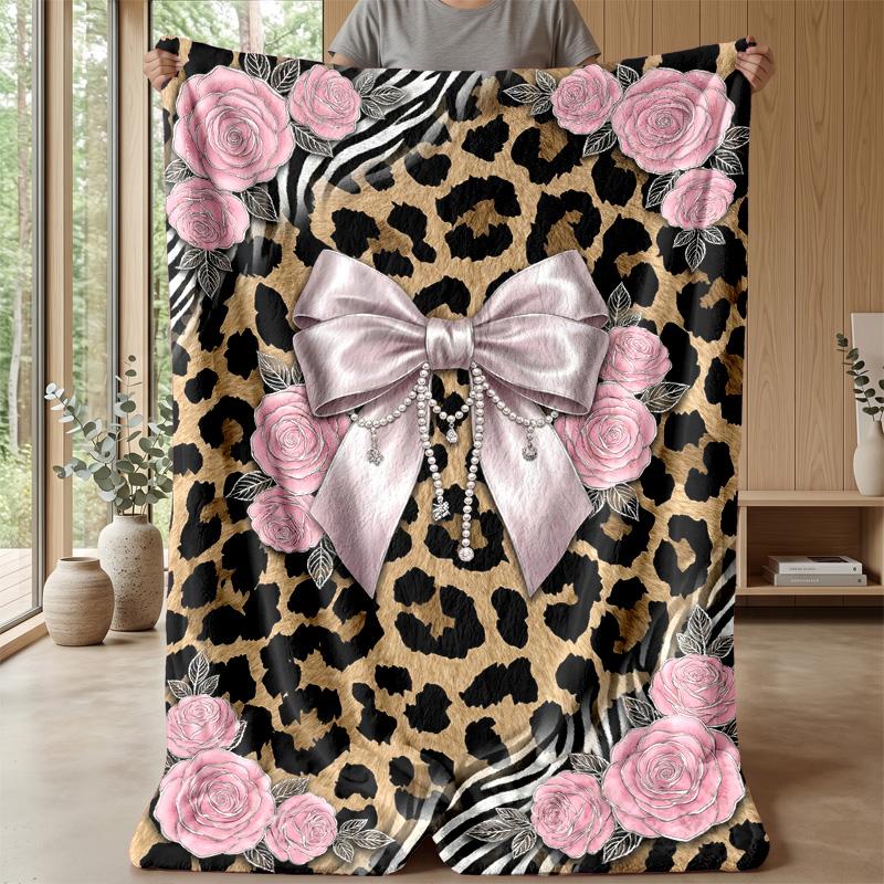 Pink Roses on Leopard Print 2 Theme blanket Lightweight Warm Flannel Blanket Decorative Throw Blanket for Home Decoration