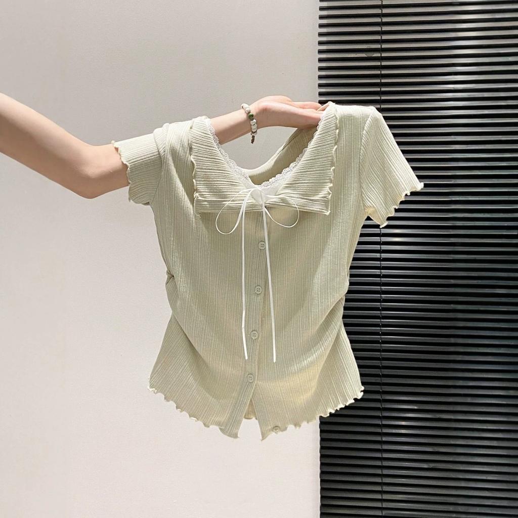 Design sense niche fake two pieces of fungus edge short-sleeved T-shirt women's summer fashion temperament pleated waist top