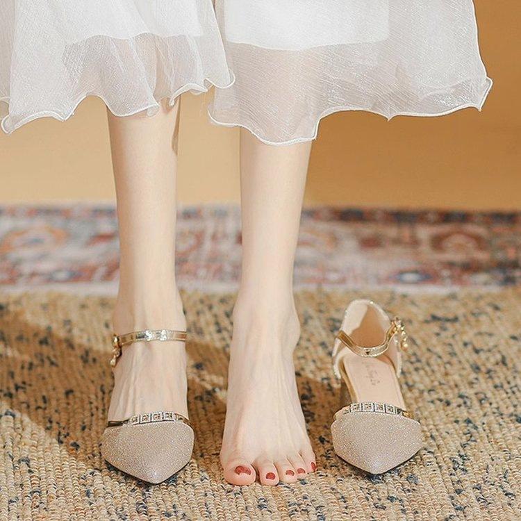 Summer bag head sandals thick heel new one-word buckle high heels middle heel pointed head with skirt cheongsam single shoes
