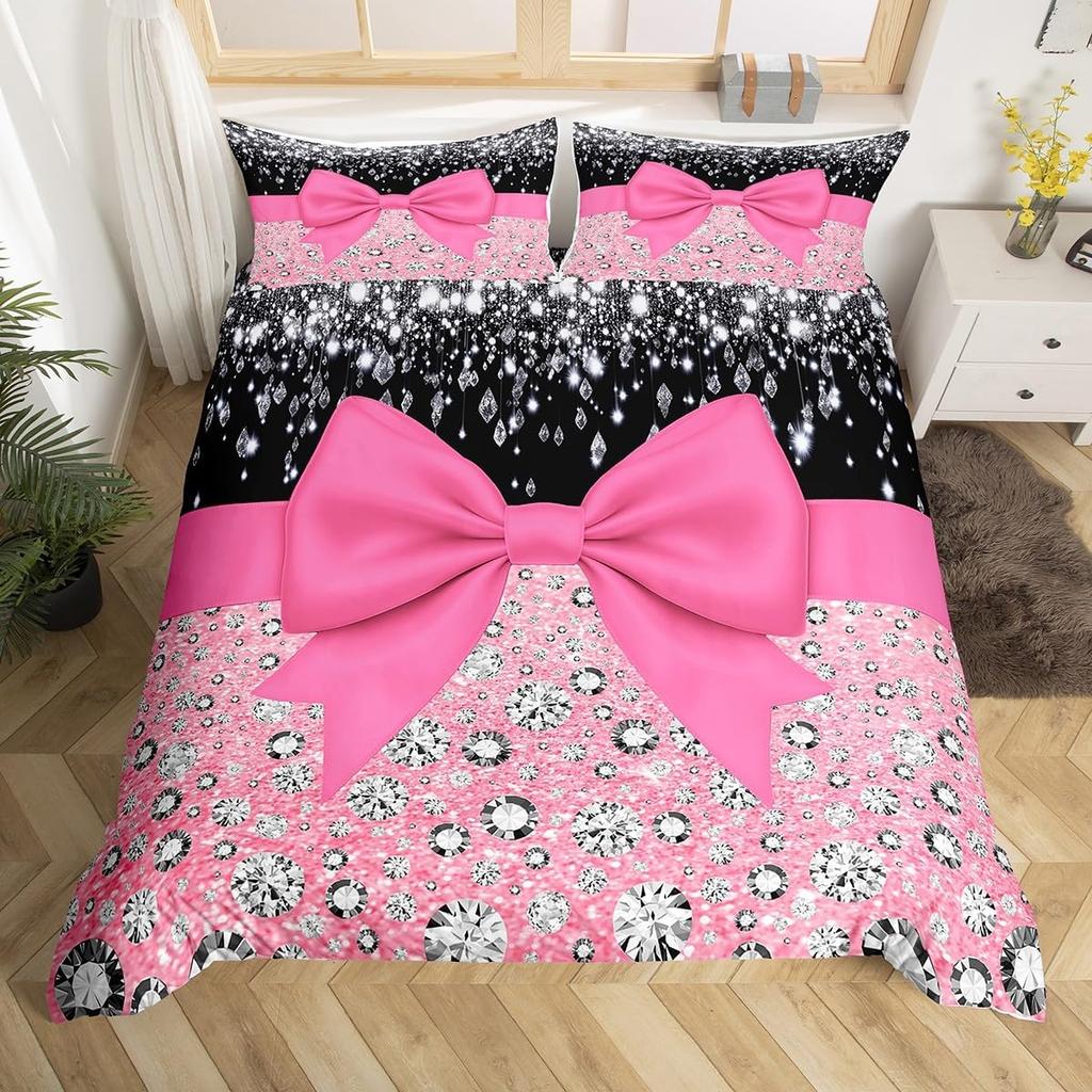 Pink Bow Duvet Cover Set For Kids Adults Girls Dreamy Princess Style Bedding Set Kawaii Bowknot Comforter Cover With Pillowcases