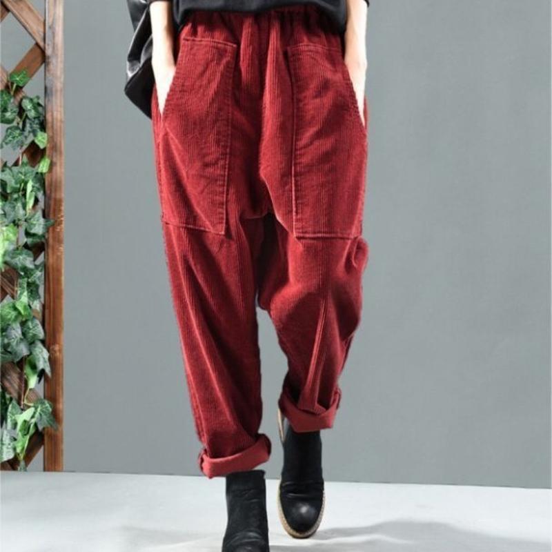 Retro Artistic Style Personality Pocket Corduroy Versatile Casual Harem Trousers for Women