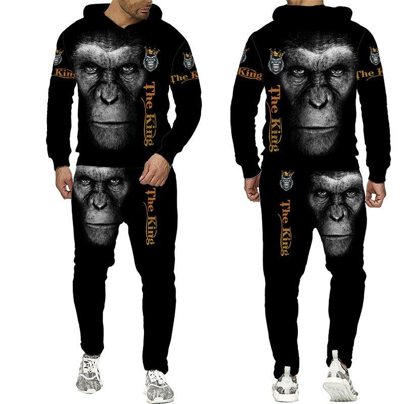 Men Tracksuit 2 Piece Set Autumn and Winter 3d Chimpanzees Printed Hoodies Suit Sport and Casual Male Sweatpants Set Homme