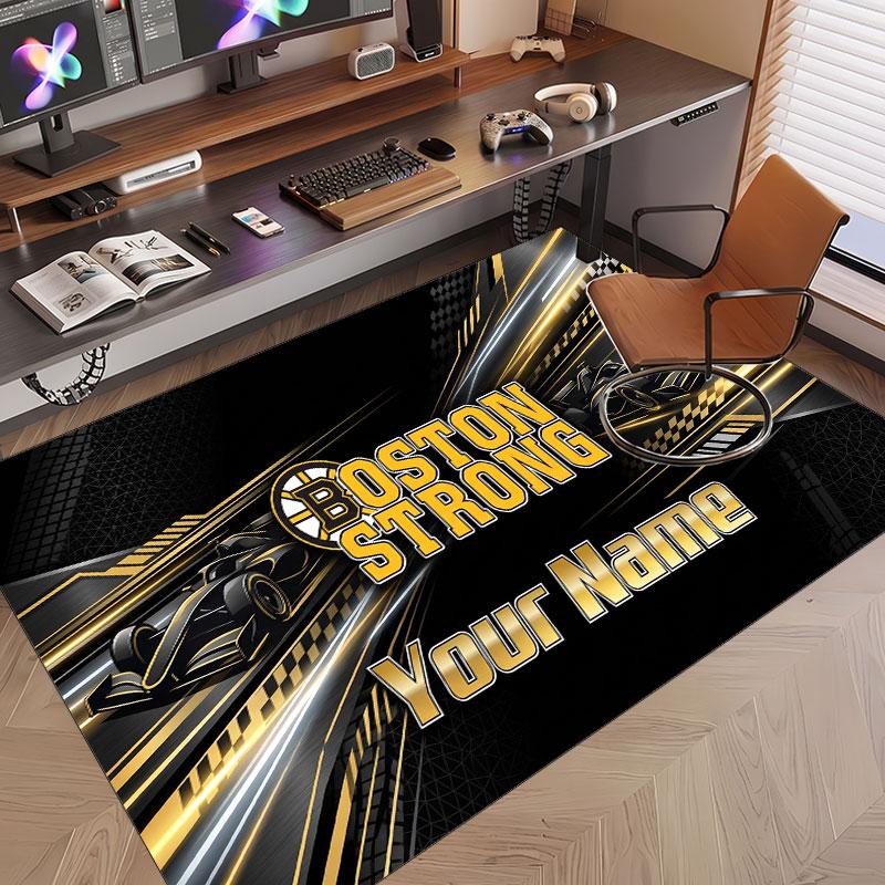 Custom Rug Boston Bruins Pattern Print Name Text Soft Non‑Slip Floor Carpet for Home Indoor Decoration