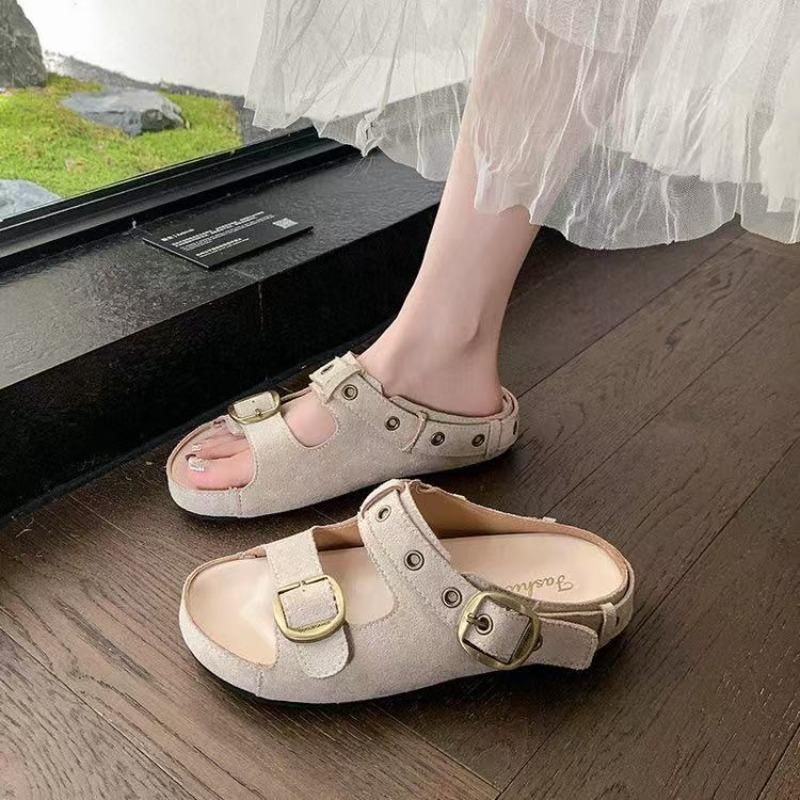 

Fashion Summer New Round Toe Open Toe Suede Studded Metal Buckle Soft Sole Anti-Slip Wear-Resistant Roman Shoes Flats 40