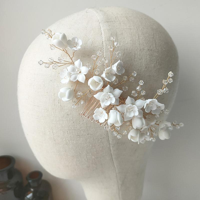 Stock Ceramic Flower Blossom Bridal Hair Comb Clay and Crystal Decorated Hair Accessories for Weddings
