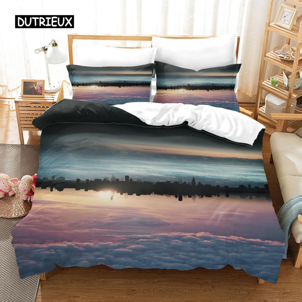 Natural Landscape King Queen Duvet Cover Comic Ink Painting Style Bedding Set Adults Tree Mountain River Polyester Quilt Cover