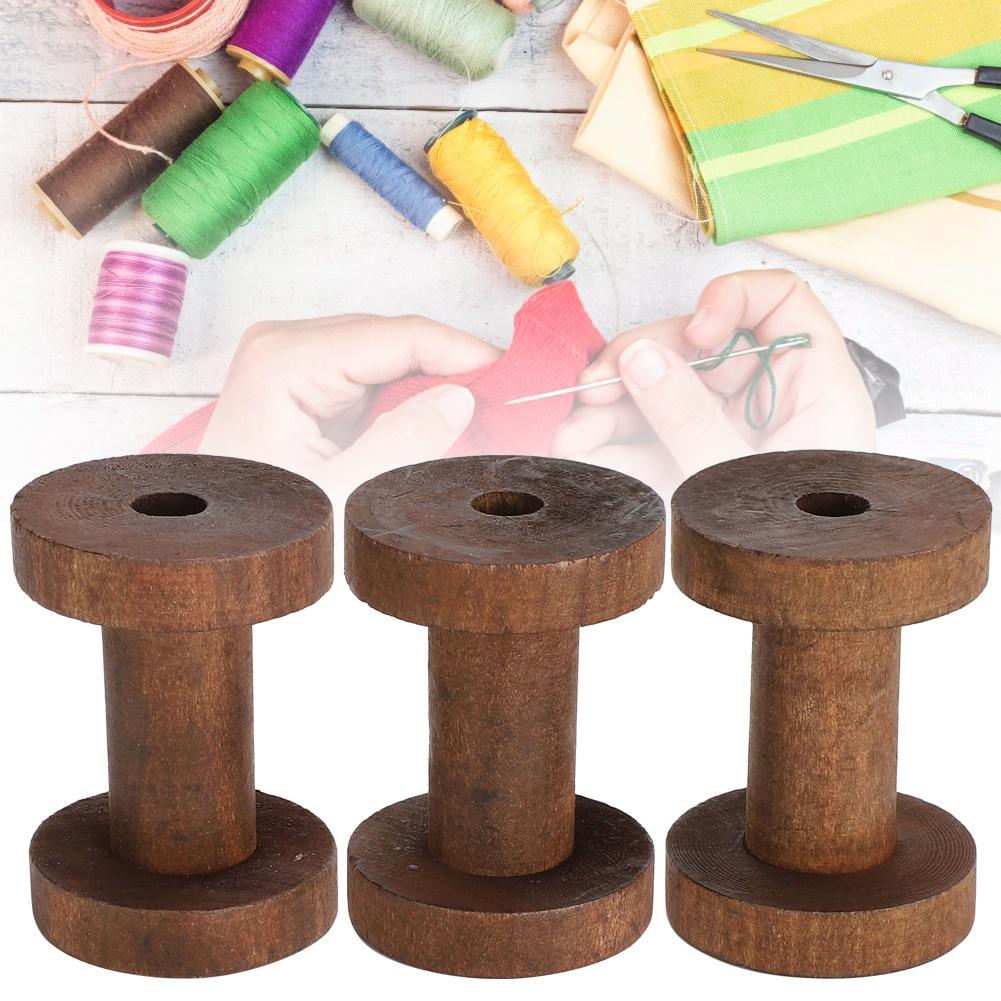 3Pcs Wooden Spools Reels Dark Brown Chic Bobbins for Crafts DIY Sewing Threading Tools