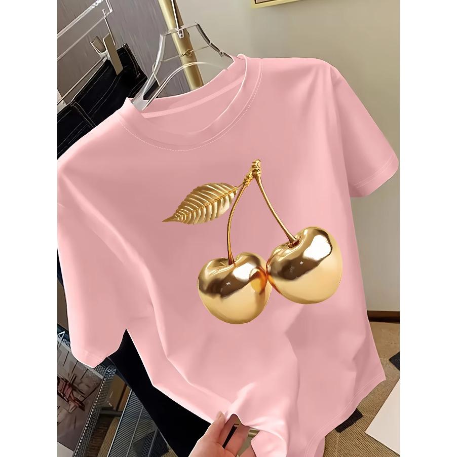 Cotton Tee Golden Cherry Print Women Short Sleeve T-Shirt Stylish Casual Tee a Sense of Elegance Versatile Top for Women Minimalist Design