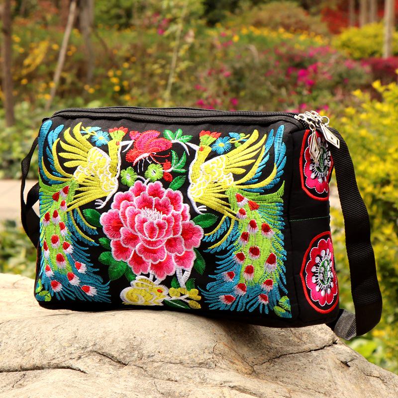 Yunnan Ethnic Embroidered One-Shoulder Crossbody Bag with Three Zippers - Large Size for Ladies