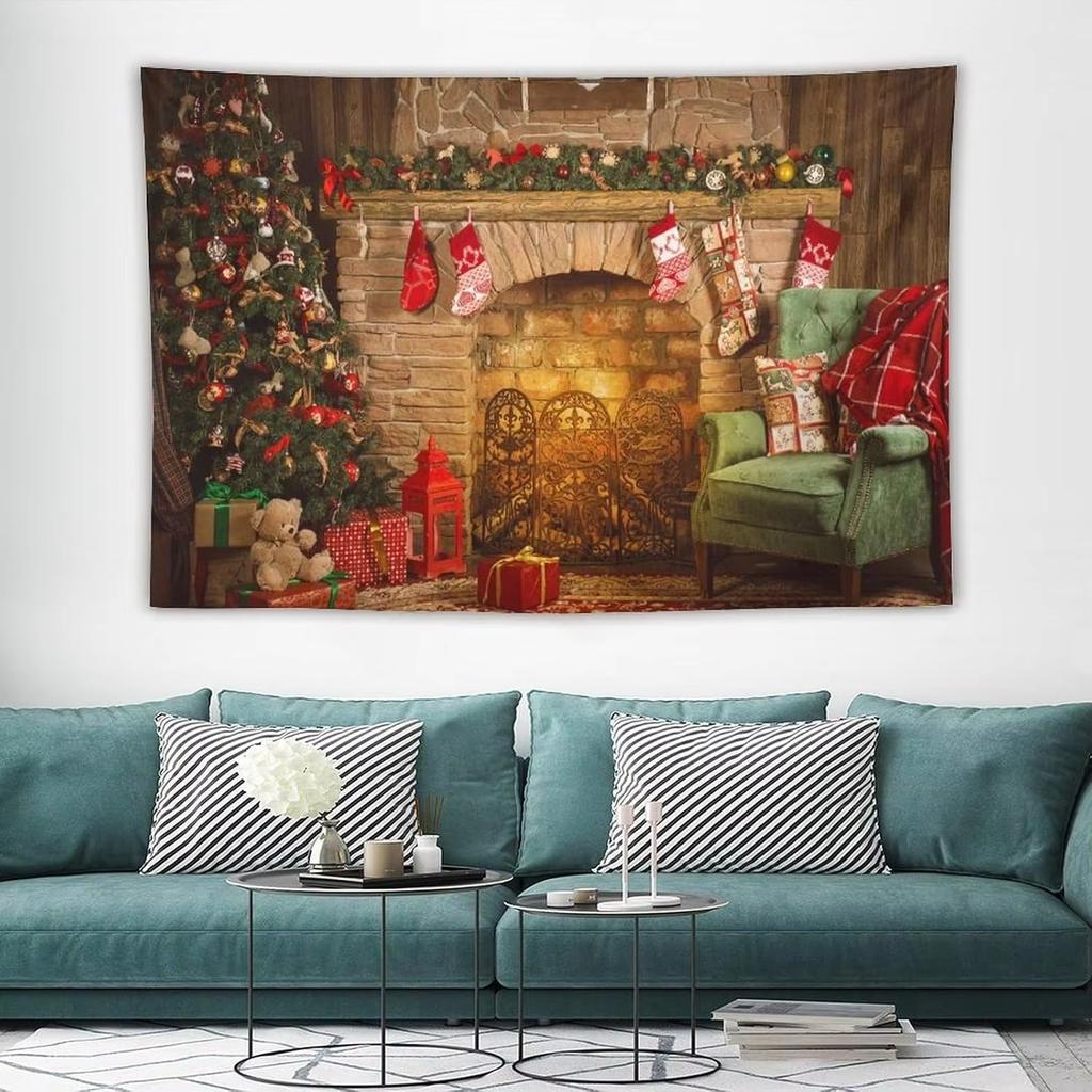 Christmas Fireplace Tapestry Wall Hanging Christmas Tapestry Backdrop with Xmas Balls Art Wall Decor Christmas New Year Party