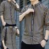 Men Shirt Formal Single-breasted Stripe Turn-down Collar Business Shirt for Work