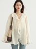 Women Shirt Loose Casual Ruffled Edges Female Blouses V Neck Lace Up Mid Length Woman Shirts Spring Summer