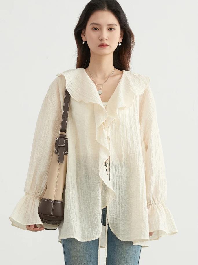 Women Shirt Loose Casual Ruffled Edges Female Blouses V Neck Lace Up Mid Length Woman Shirts Spring Summer