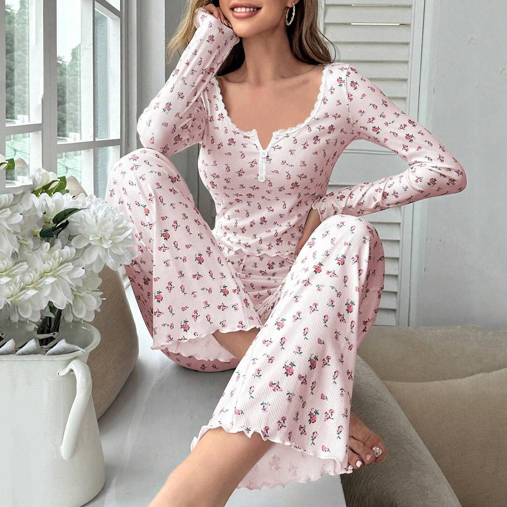 Women's Comfortable And Cute Floral Long-sleeved And Long-pants Pajama Set