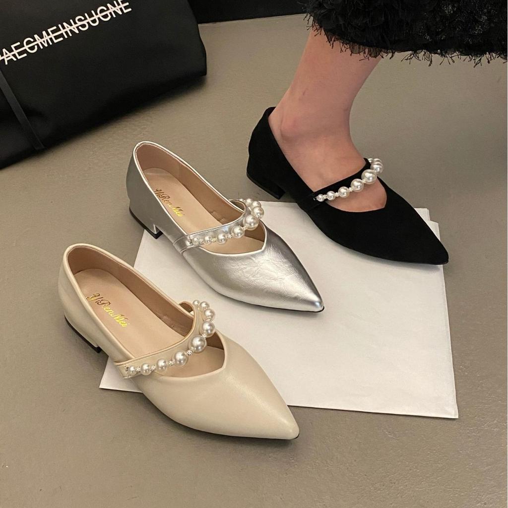French Mary Jane shoes women's shoes spring and summer 2025 new pearl word with pointed head with skirt shallow mouth single shoes