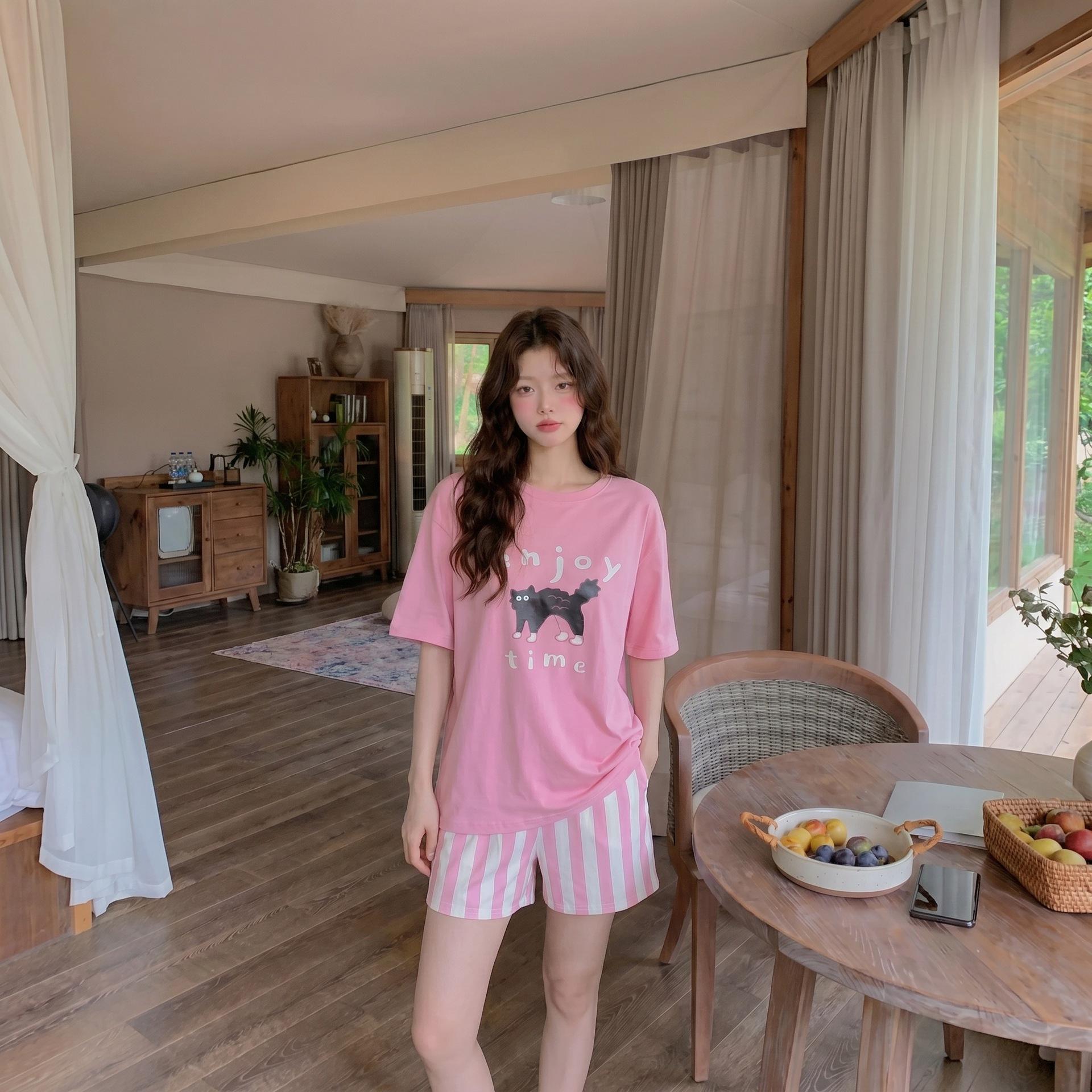 Antibacterial Pink Striped Cartoon Short Sleeve Cotton Pajama Set for Women L Antibacterial Comfort Class A