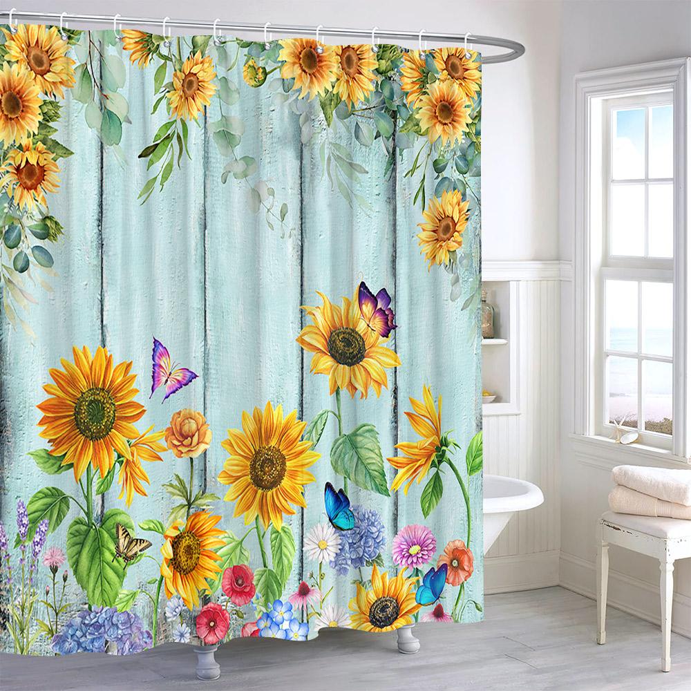 Watercolour Sunflower Shower Curtain Eucalyptus Leaf Butterfly Flower Cloth Bath Curtains Autumn Rustic Botanical Bathroom Decor