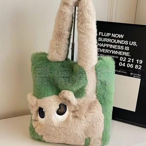 2026 Cute Cat Color Block Tote: Plush Single Shoulder Bag, Lightweight, Large Capacity