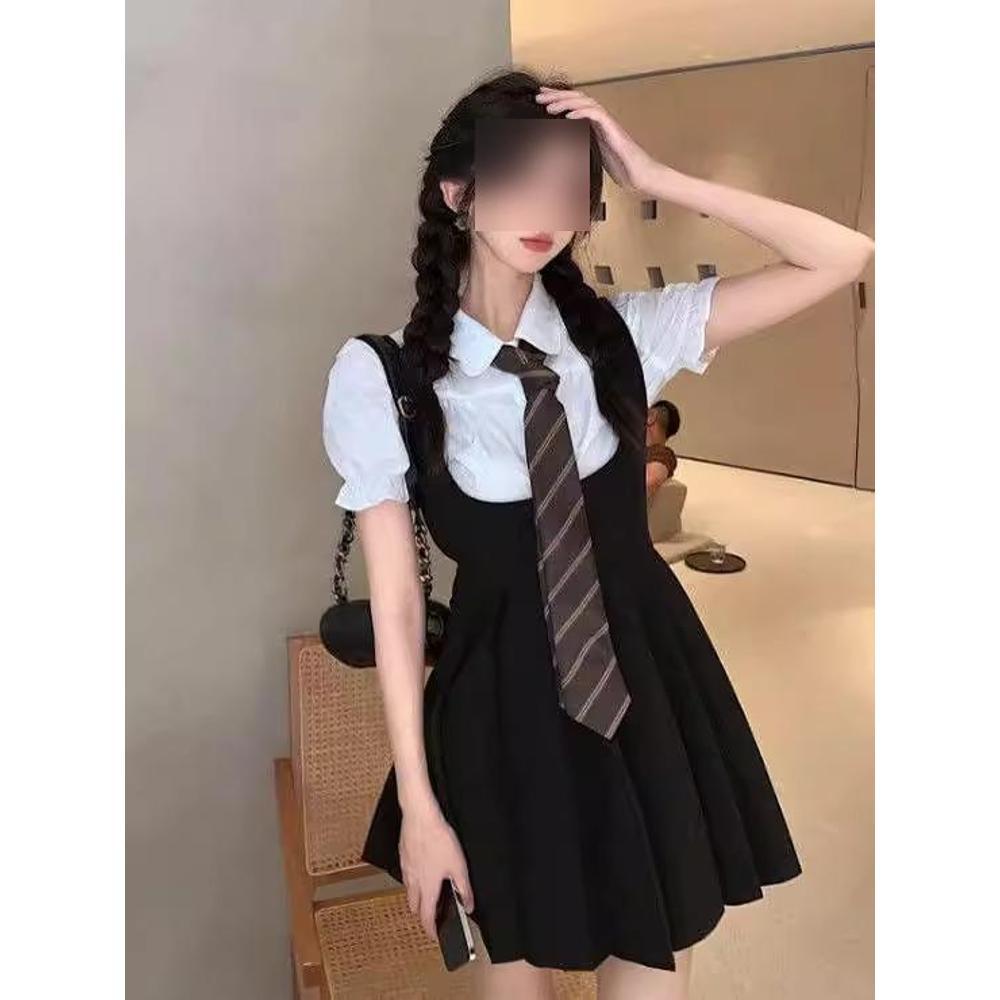 

Preppy Style Black Suspender Skirt & Shirt Set: Sweet, Slimming Summer Dress XL (55-60 kg)