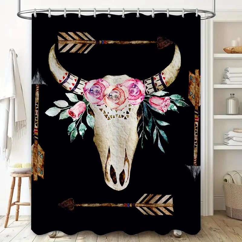 Rustic Bull Skull Shower Curtain Floral Arrow Boho Decor for Bathroom Black Waterproof Fabric Size 72x84 inches (180*213cm)