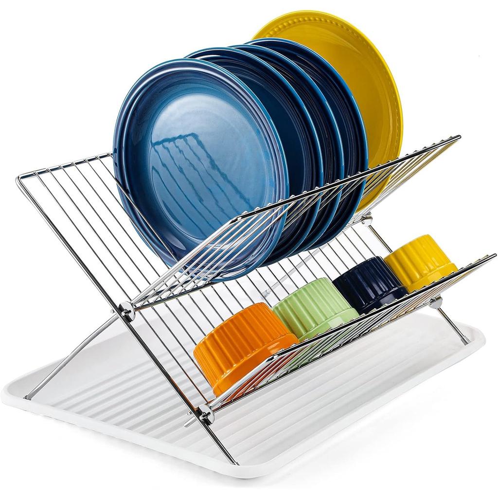 Foldable Dish Drying Rack with Drip Tray, Stainless Steel 2 Tier Dish Drainer Rack, Collapsible Dish Drainer, Folding Dish Rack