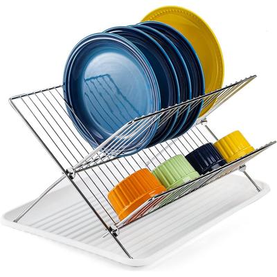 Foldable Dish Drying Rack with Drip Tray, Stainless Steel 2 Tier Dish Drainer Rack, Collapsible Dish Drainer, Folding Dish Rack
